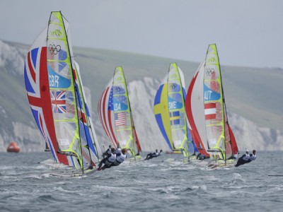 Fleet, competing today, 30.07.12, in the Men's Skiff (49er) event in The London 2012 Olympic Sailing Competition.