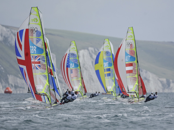 Fleet, competing today, 30.07.12, in the Men's Skiff (49er) event in The London 2012 Olympic Sailing Competition.