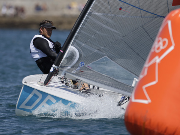Jonas Hoegh-Christensen (DEN) competing today, 29.07.12, in the Men's One Person Dinghy - heavy (Finn) event in The London 2012 Olympic Sailing Competition.