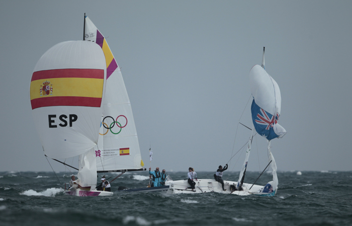 Tamara Echegoyen Dominguez, Sofia Toro Prieto Puga and Angela Pumariega Menendez (ESP) who won the Gold Medal today, 11.08.12, in the Medal Race Women's Match Racing (Elliott 6M) event in The London 2012 Olympic Sailing Competition.