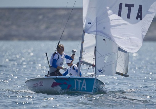 Giulia Conti and Giovanna Micol (ITA) competing today, 10.08.12, in the Medal Race Women's Two Person Dinghy (470) event in The London 2012 Olympic Sailing Competition.