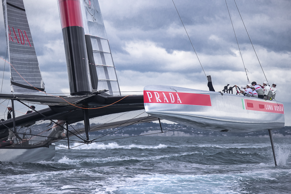 First sailing day in the Hauraki Gulf, Auckland-NZ, for AC72 Luna Rossa: the italian challenger for the 34th Americ's Cup In september 2013 in San Francisco.